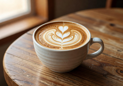 Artisan latte with beautiful foam art served in a ceramic cup on a wooden table