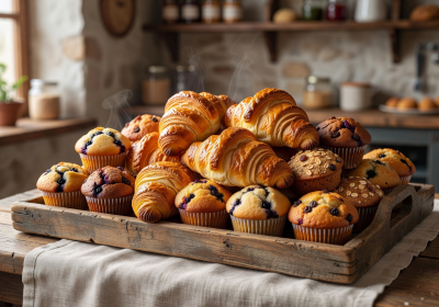 Assorted fresh pastries including croissants and muffins displayed on a rustic tray