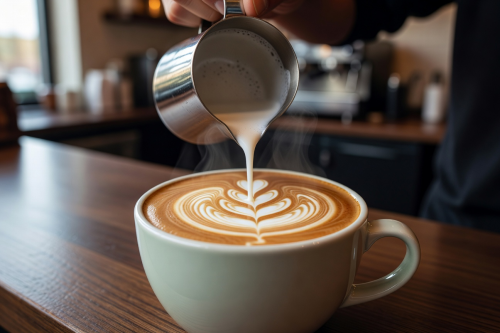 Barista creating beautiful latte art with steamed milk in a ceramic cup