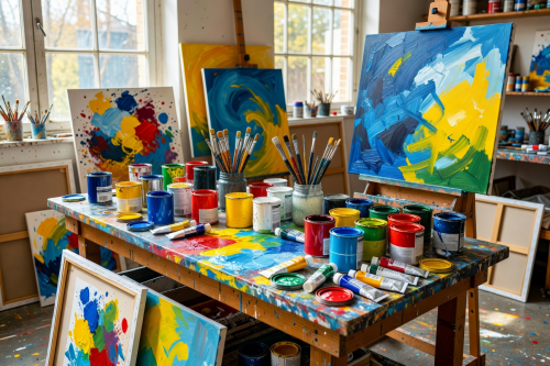 Colorful paint supplies and canvases set up for a creative painting session