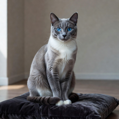 Elegant grey and white cat named Luna sitting gracefully with piercing blue eyes
