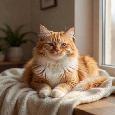 Fluffy ginger and white cat named Peaches with a sweet gentle expression