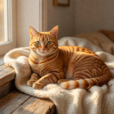 Friendly orange tabby cat named Mango looking directly at the camera with bright green eyes