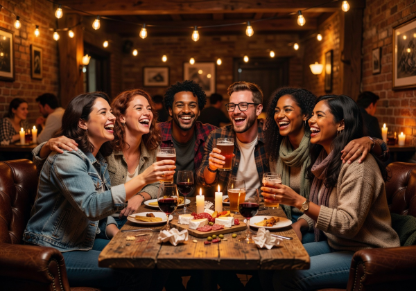 Group of happy friends celebrating together at a cozy venue with warm lighting