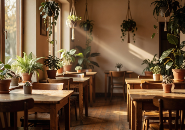 Interior of a warm cozy café with wooden furniture, plants, and sunlight streaming in