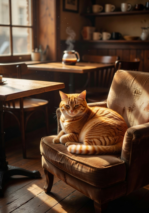 Orange tabby cat relaxing in a cozy café setting with warm sunlight streaming through the window