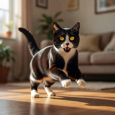 Playful black and white tuxedo cat named Captain sitting confidently with bright yellow eyes