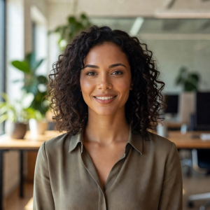 Portrait of Marina Cole, Co-Founder with warm smile and curly hair