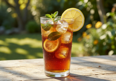 Refreshing iced tea with lemon and herbs in a tall glass on a sunny day