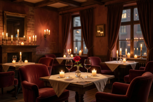 Romantic cozy café setting with warm candles and wine glasses for a valentines event