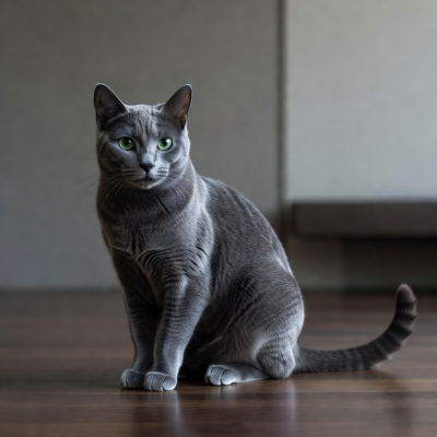 Sleek grey Russian Blue cat named Stormy with deep green eyes