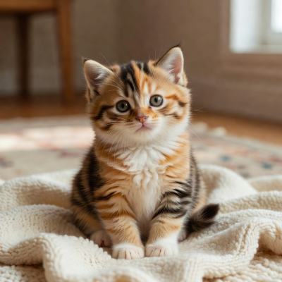 Sweet calico kitten named Biscuit with warm amber patches looking adorable